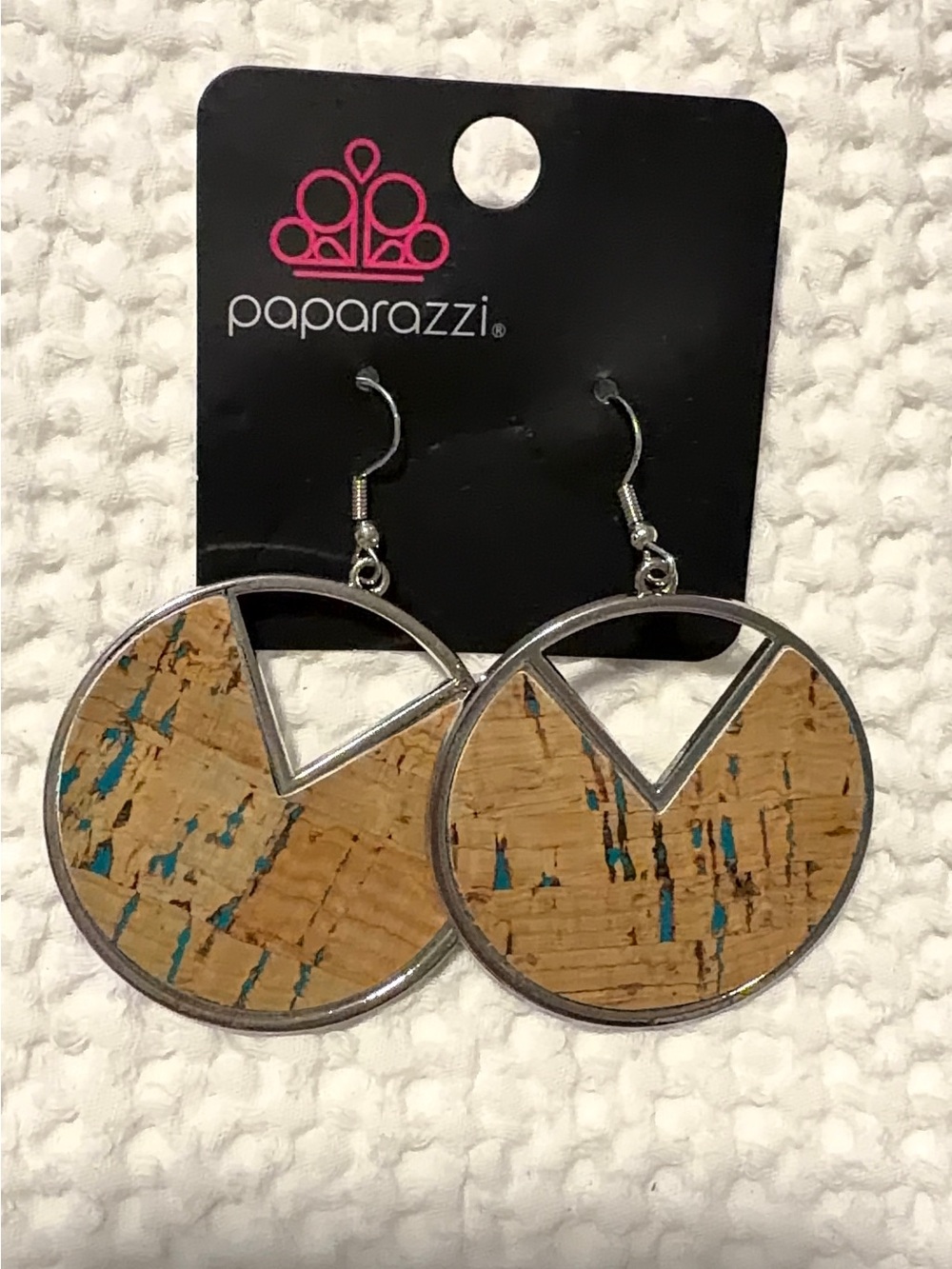 paparazzi Tan Cork Circle Earringsu with Teal Streaks